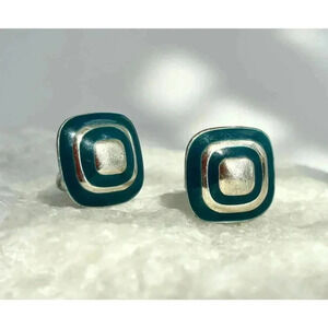 Vintage Silver Toned & Green Enamel Rounded Square 80's Clip on Stud Earrings